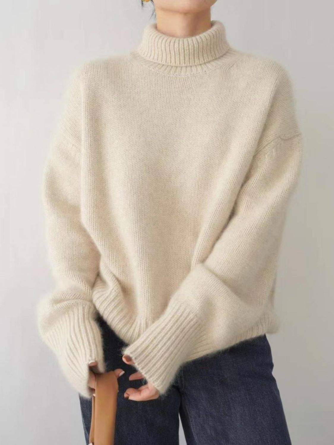 Turtleneck Dropped Shoulder Long Sleeve Sweater - Trendsi - Flyclothing LLC