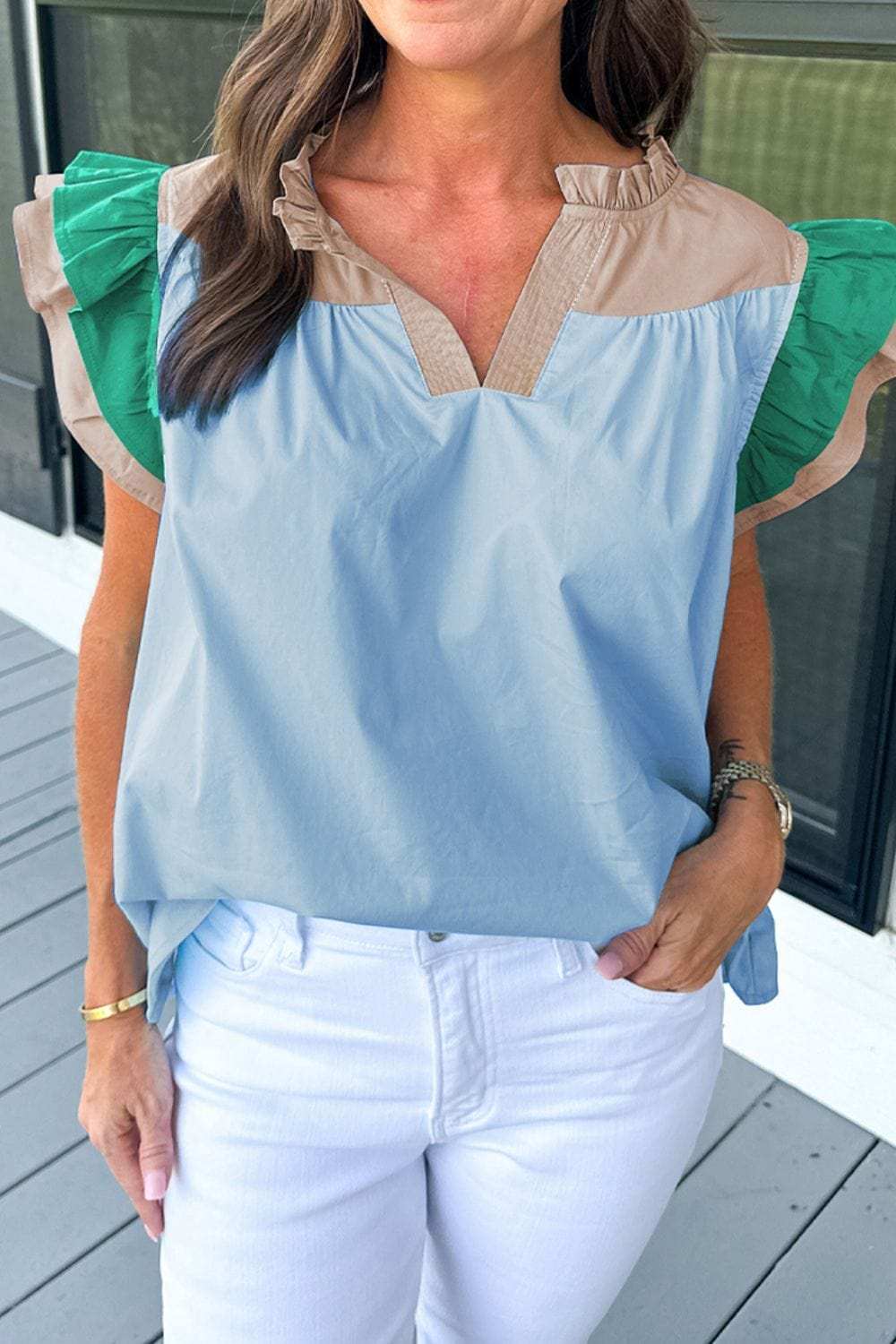 Color Block Notched Ruffled Cap Sleeve Blouse - Trendsi - Flyclothing LLC