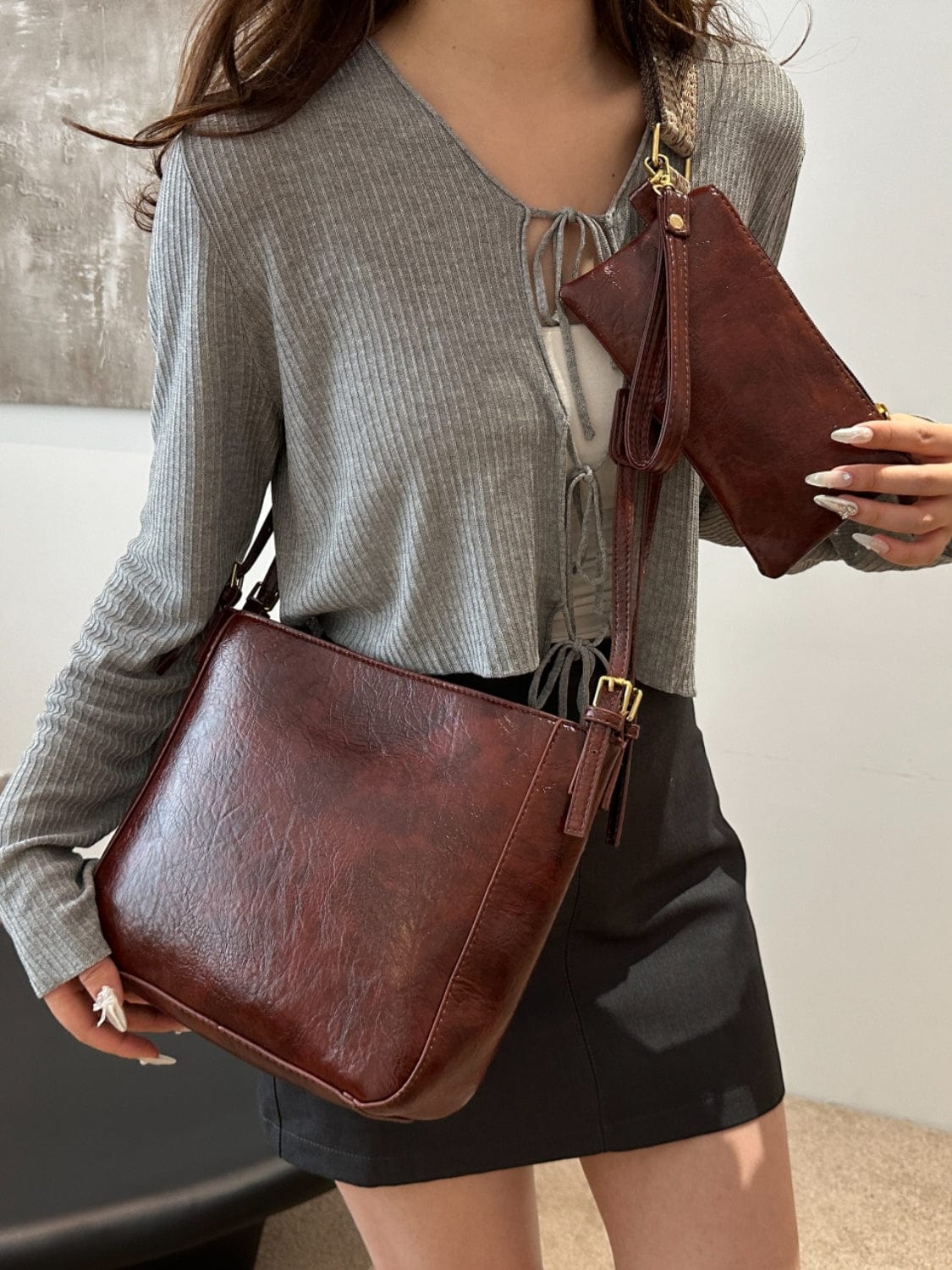 PU Leather Adjustable Strap Crossbody Bag with Pouch - Trendsi