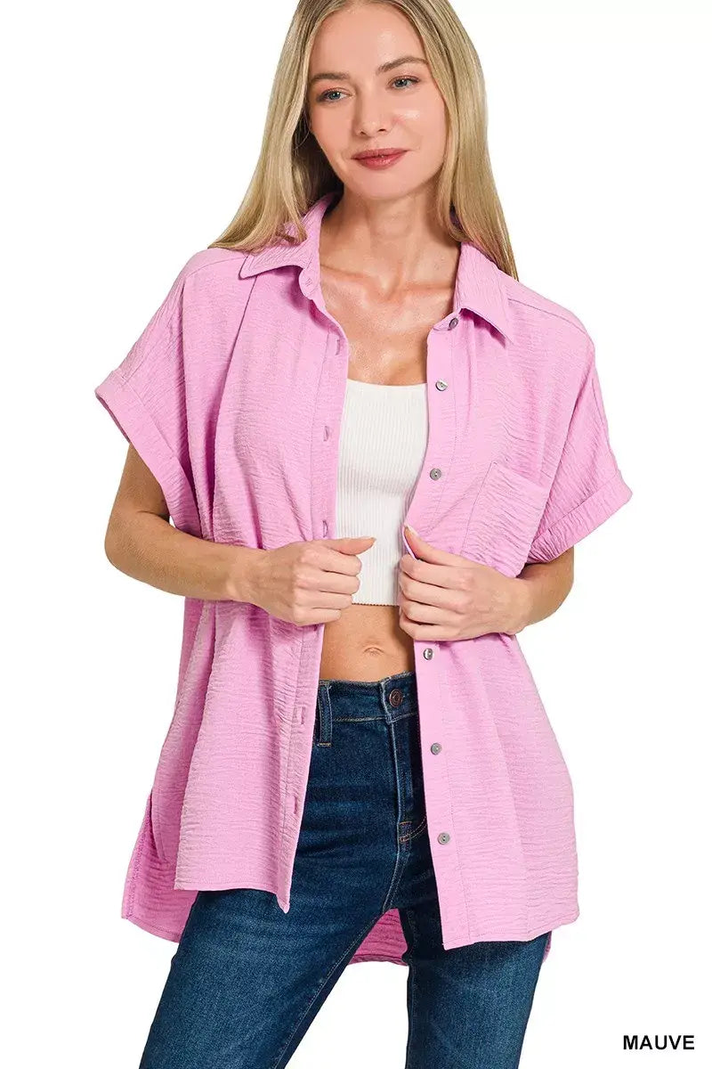 Zenana Woven Airflow Button Down Shirt - Trendsi - Flyclothing LLC