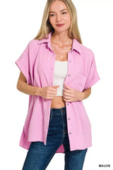 Zenana Woven Airflow Button Down Shirt - Trendsi - Flyclothing LLC