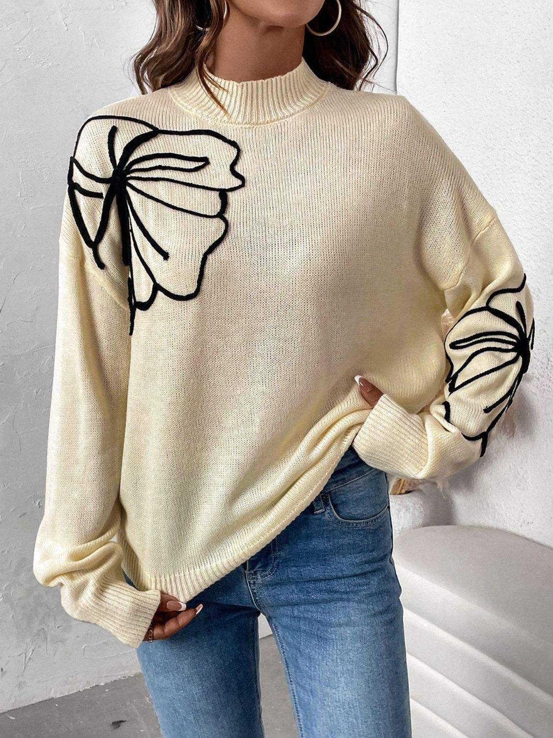 Perfee Mock Neck Dropped Shoulder Long Sleeve Sweater - Trendsi - Flyclothing LLC