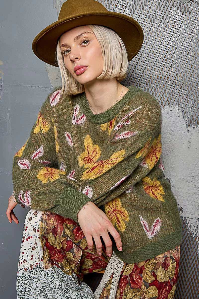 POL Floral Pattern Round Neck Balloon Sleeve Sweater - Trendsi - Flyclothing LLC