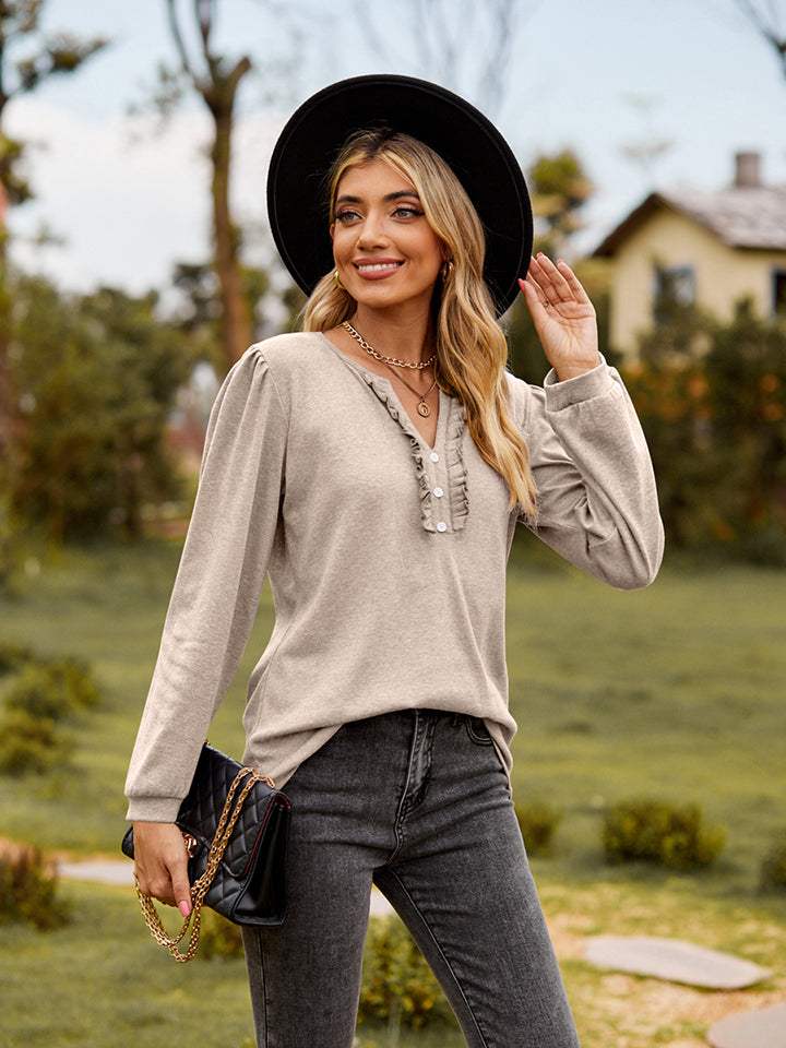 Puff Sleeve Ruffle Trim Blouse - Trendsi - Flyclothing LLC
