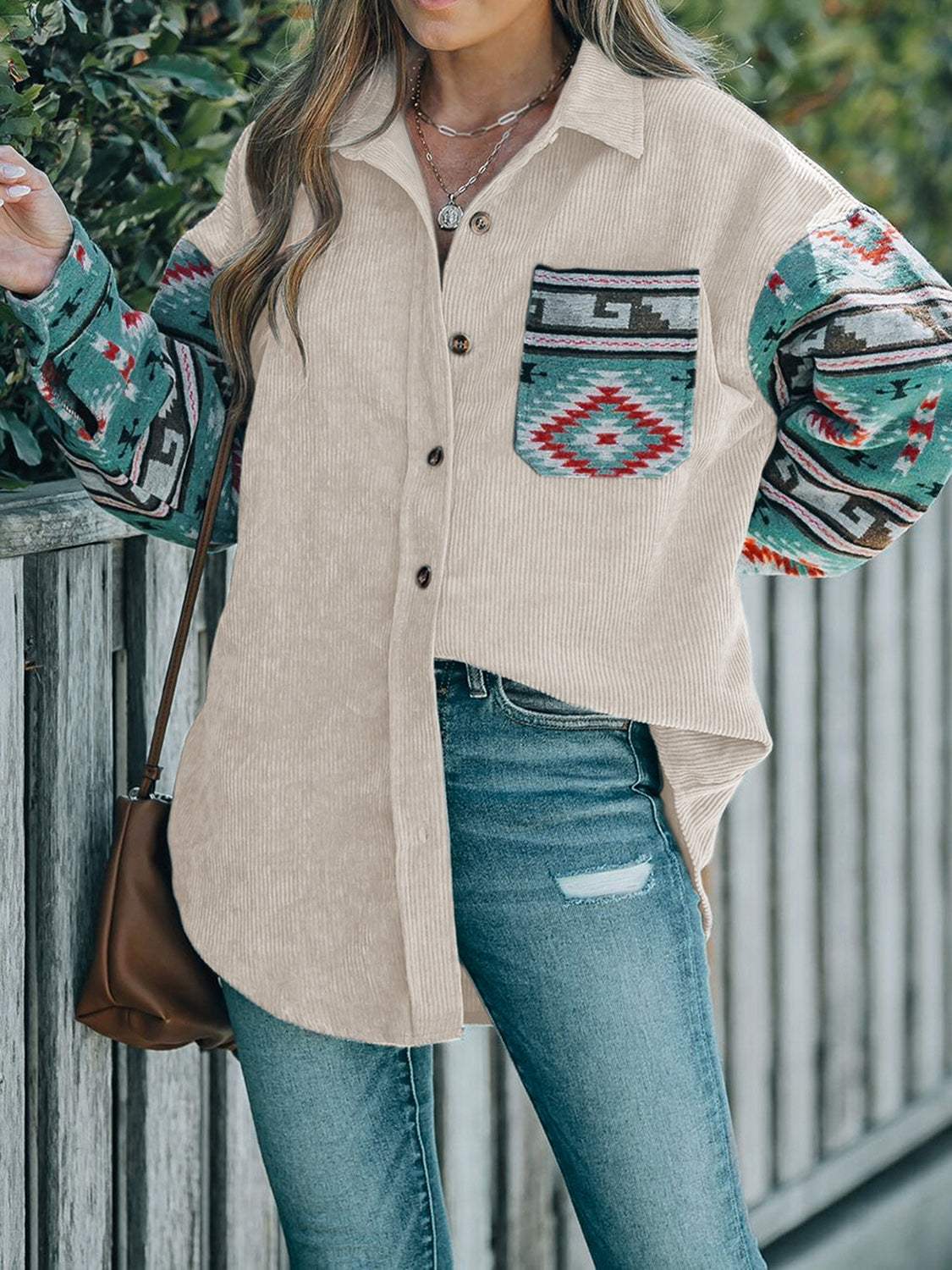 Perfee Pocketed Geometric Collared Neck Shacket - Trendsi - Flyclothing LLC