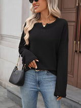 Striped Notched Long Sleeve T-Shirt - Trendsi - Flyclothing LLC