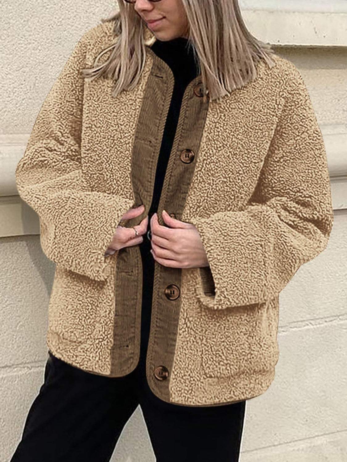 Contrast Button Up Sherpa Jacket with Pockets - Trendsi - Flyclothing LLC