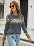 Contrast Round Neck Long Sleeve Sweater - Trendsi - Flyclothing LLC