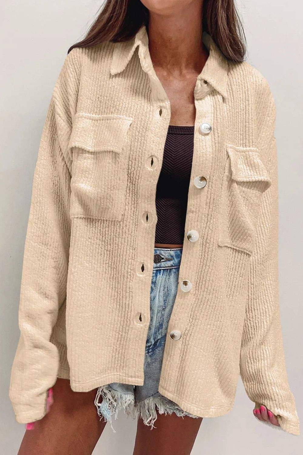 Button Up Long Sleeve Shacket - Trendsi - Flyclothing LLC