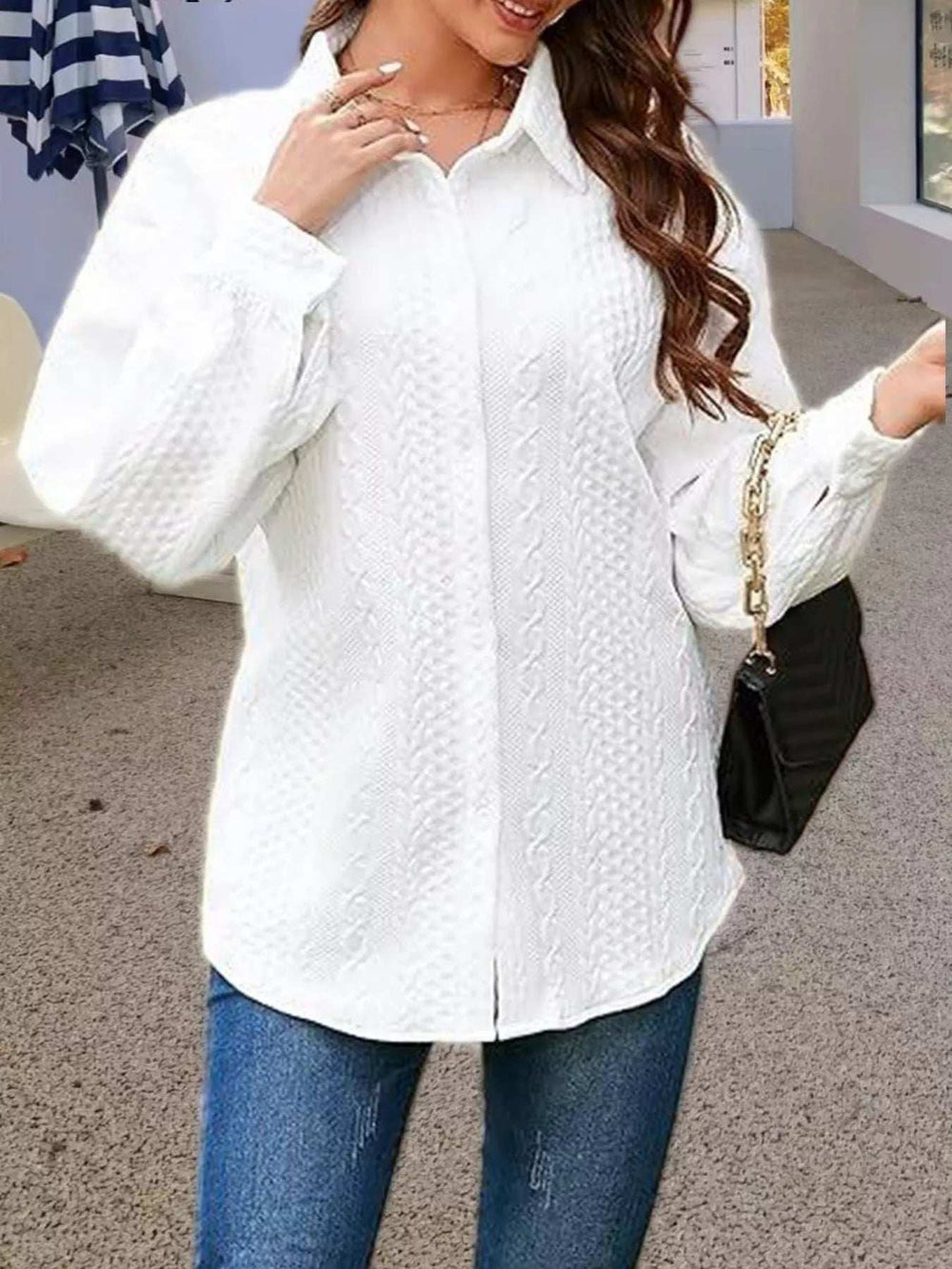 Texture Button Up Long Sleeve Shacket - Trendsi - Flyclothing LLC