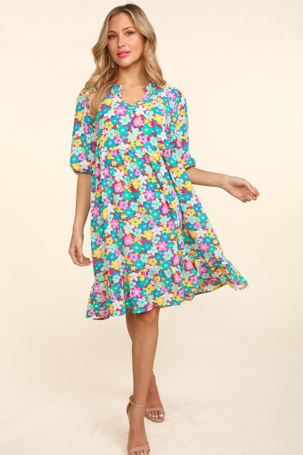 Haptics Bubble Sleeve Floral Ruffled Dress - Trendsi