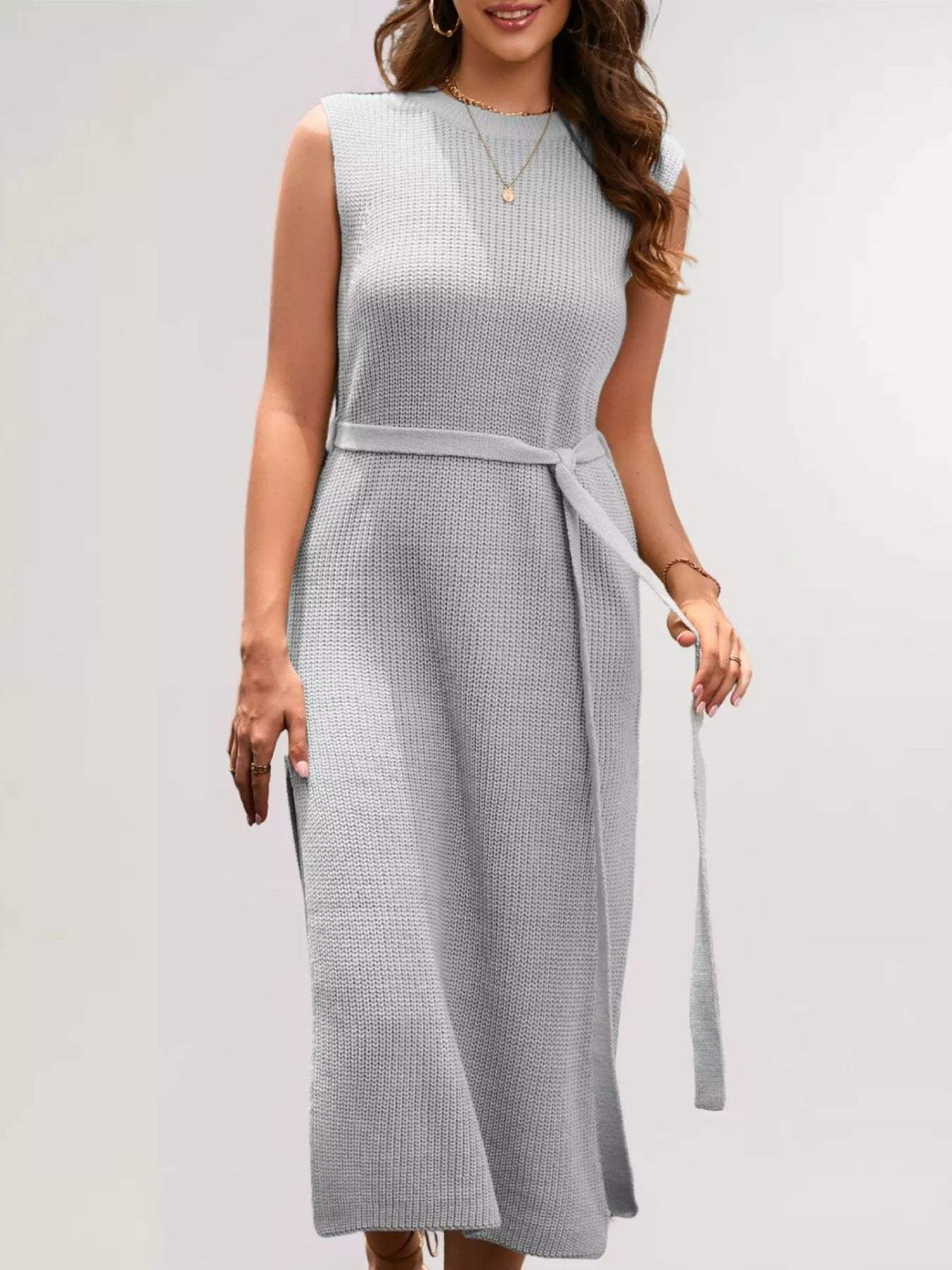 Side Slit Sleeveless Knit Midi Dress - Trendsi - Flyclothing LLC