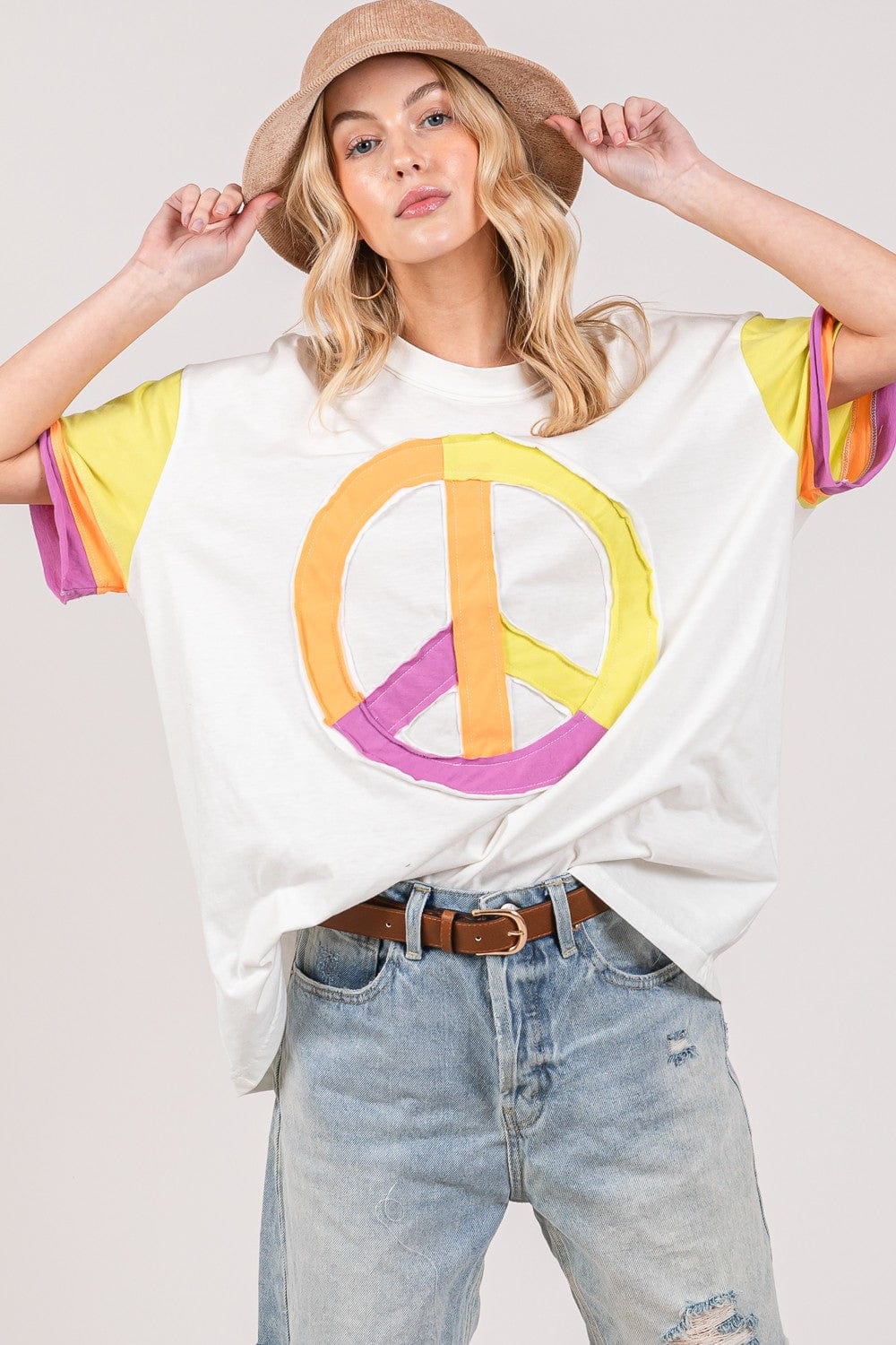 SAGE + FIG Color Block Peace Applique T-Shirt - Trendsi