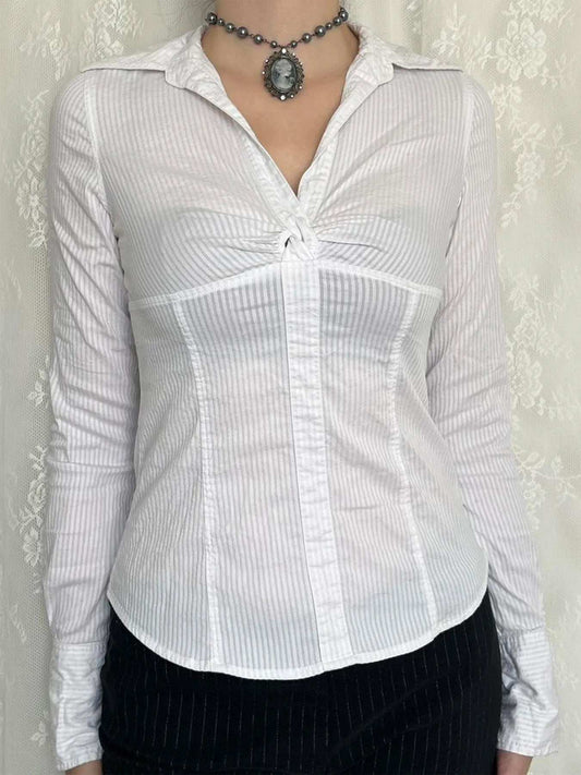 Ruched Striped Collared Neck Long Sleeve Shirt - Trendsi - Flyclothing LLC