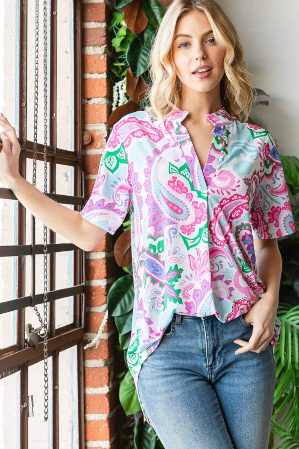 Heimish Full Size Paisley Print Short Sleeve Top - Trendsi - Flyclothing LLC