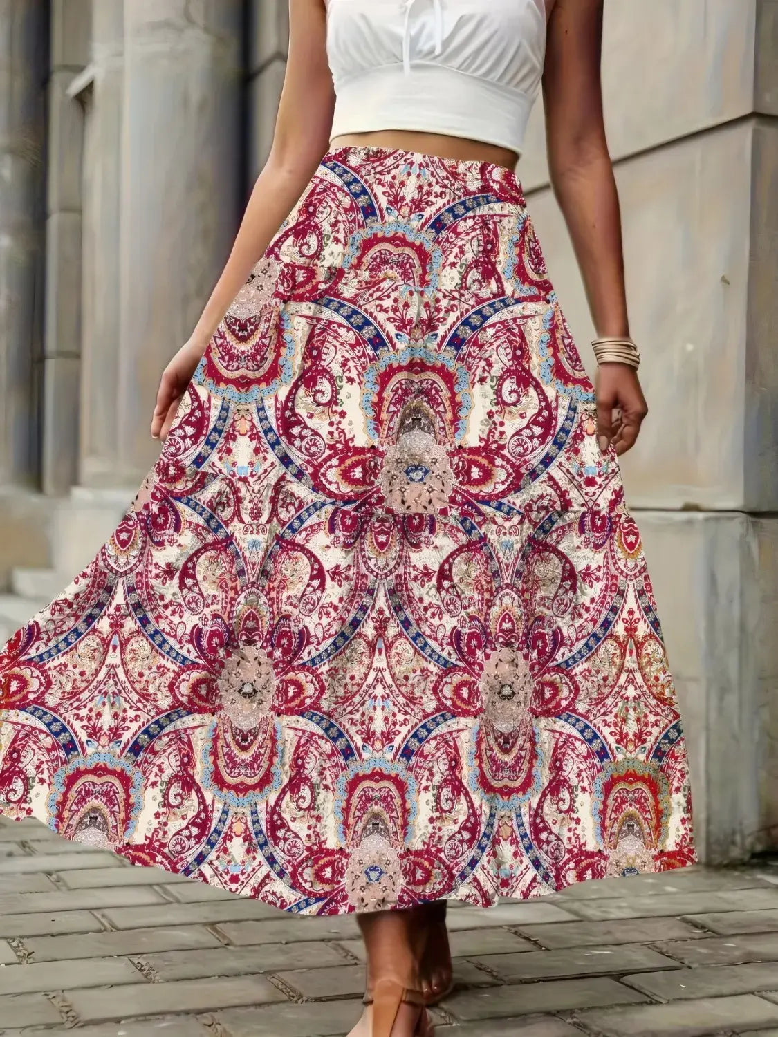 Smocked Printed High Waist Skirt - Trendsi - Flyclothing LLC