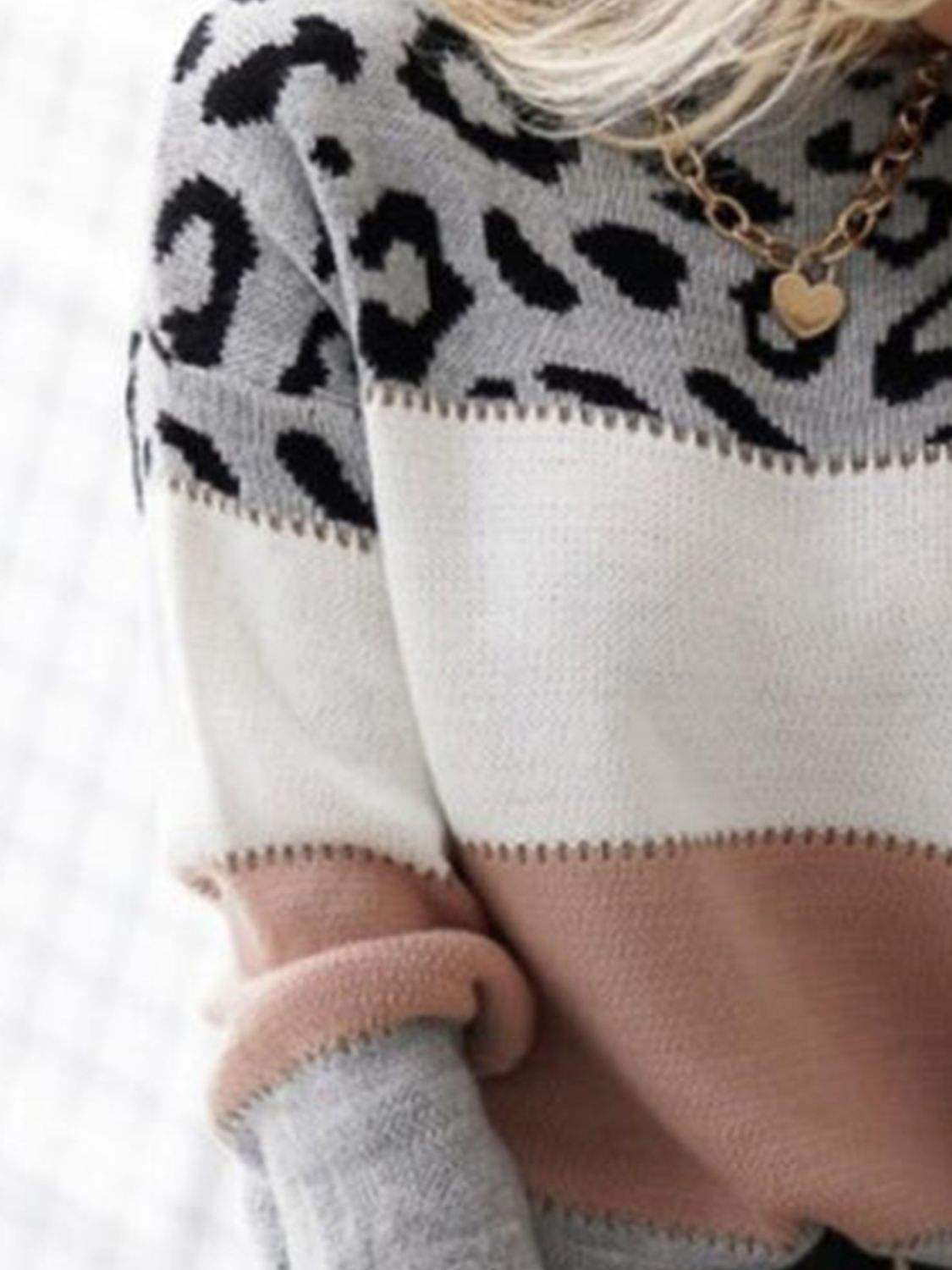 Leopard Color Block Round Neck Long Sleeve Sweater - Trendsi - Flyclothing LLC