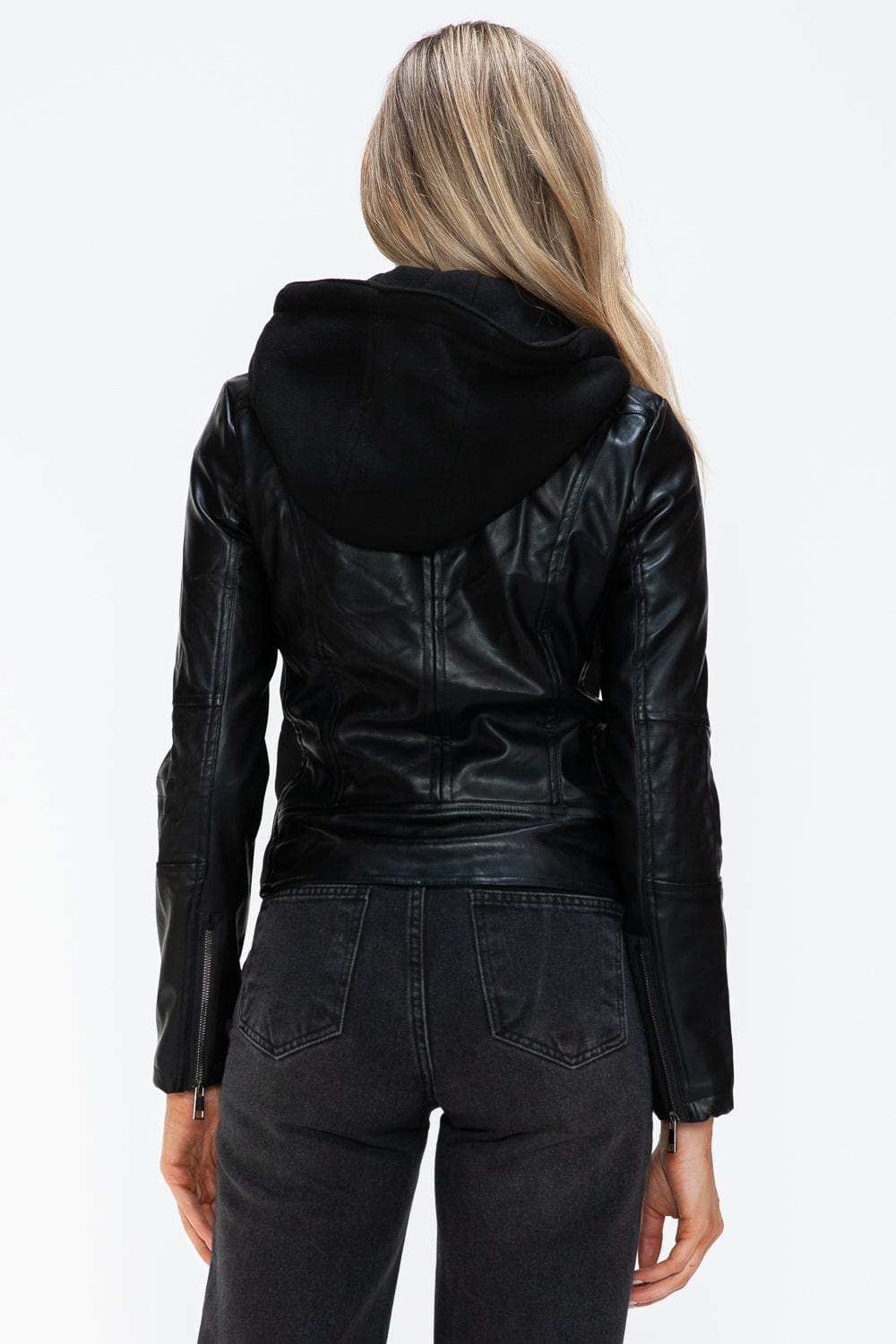 Snobbish Faux Leather Zip Up Drawstring Hooded Jacket - Trendsi - Flyclothing LLC