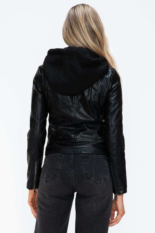 Snobbish Faux Leather Zip Up Drawstring Hooded Jacket - Trendsi - Flyclothing LLC
