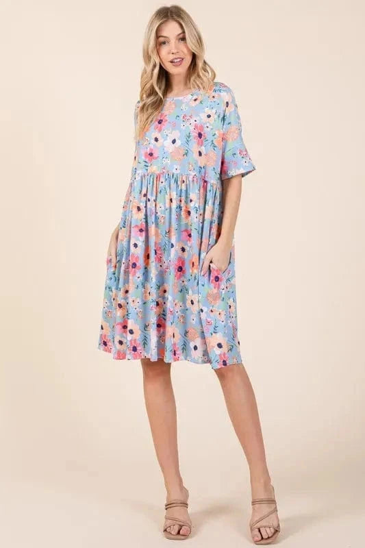 BOMBOM Floral Shirred Dress with Pockets - Trendsi
