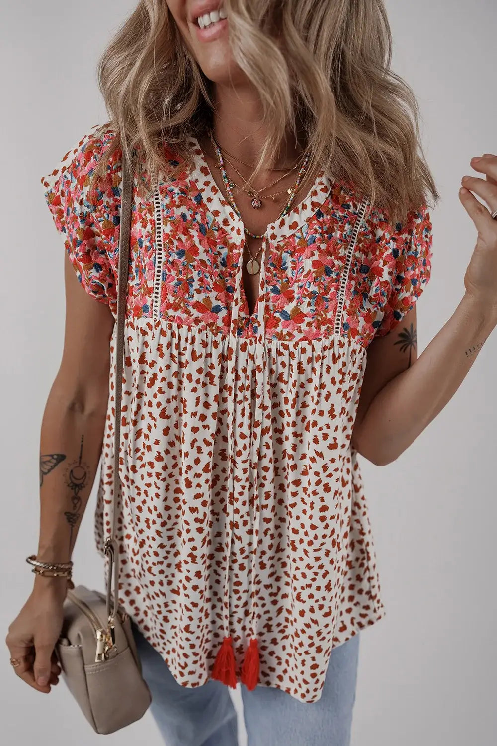 Printed Floral Embroidery Tie Neck Blouse - Trendsi - Flyclothing LLC