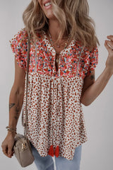 Printed Floral Embroidery Tie Neck Blouse - Trendsi - Flyclothing LLC