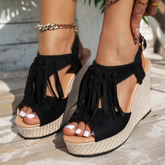 Fringe Peep Toe Wedge Sandals - Trendsi - Flyclothing LLC