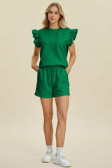 Double Take Full Size Texture Round Neck Ruffle Sleeve Top and Shorts Set - Trendsi - Flyclothing LLC