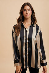 Annie Wear Striped Dropped Shoulder Button Up Shirt - Trendsi