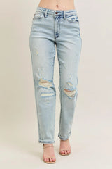 Judy Blue Full Size Mr Repair Stitch Detail Destroy Single Cuff Bf Jeans Plus Size - Trendsi - Flyclothing LLC