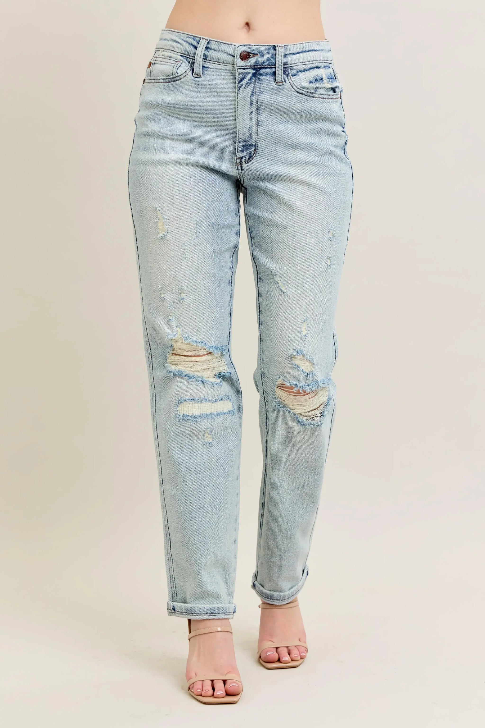 Judy Blue Full Size Mr Repair Stitch Detail Destroy Single Cuff Bf Jeans Plus Size - Trendsi - Flyclothing LLC