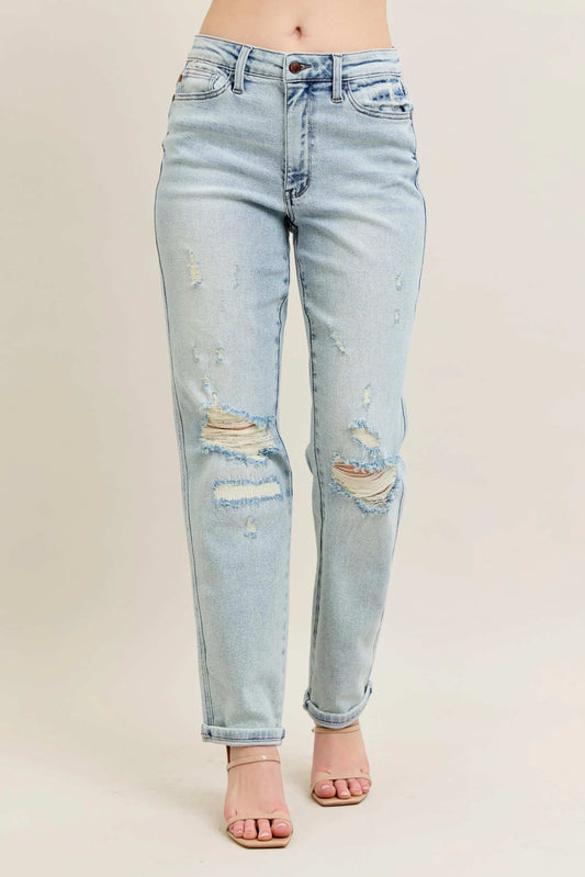 Judy Blue Full Size Mr Repair Stitch Detail Destroy Single Cuff Bf Jeans Plus Size - Trendsi - Flyclothing LLC