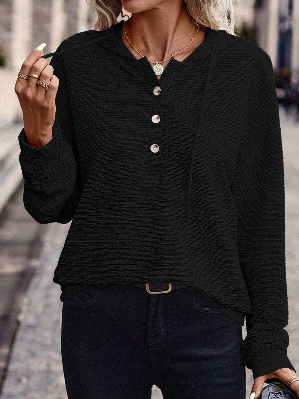 Drawstring Quarter Button Long Sleeve Hoodie - Trendsi - Flyclothing LLC