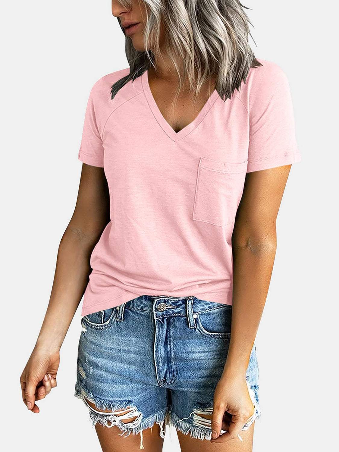 Pocketed V-Neck Short Sleeve T-Shirt - Trendsi - Flyclothing LLC