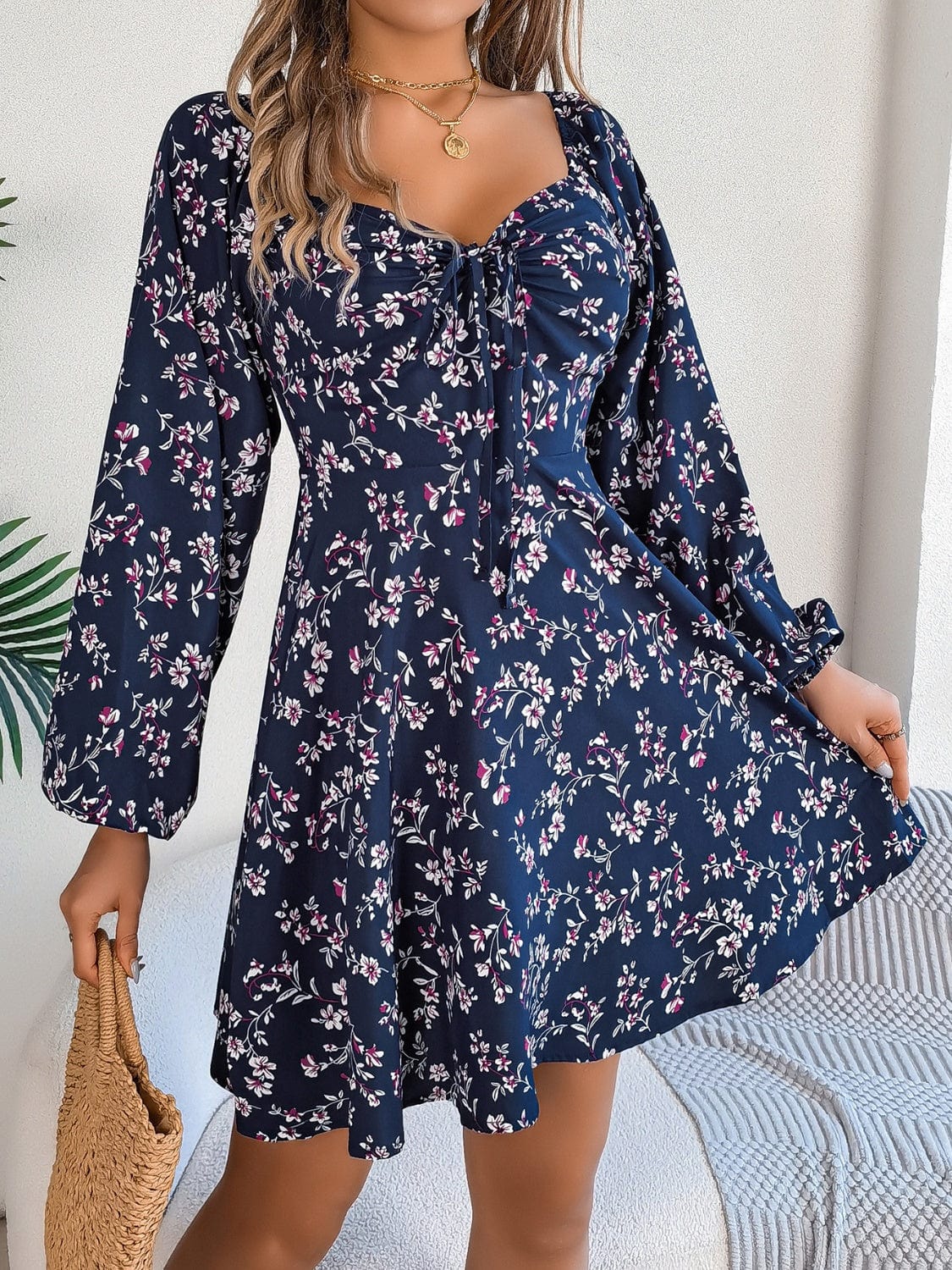 Printed Sweetheart Neck Balloon Sleeve Mini Dress - Trendsi