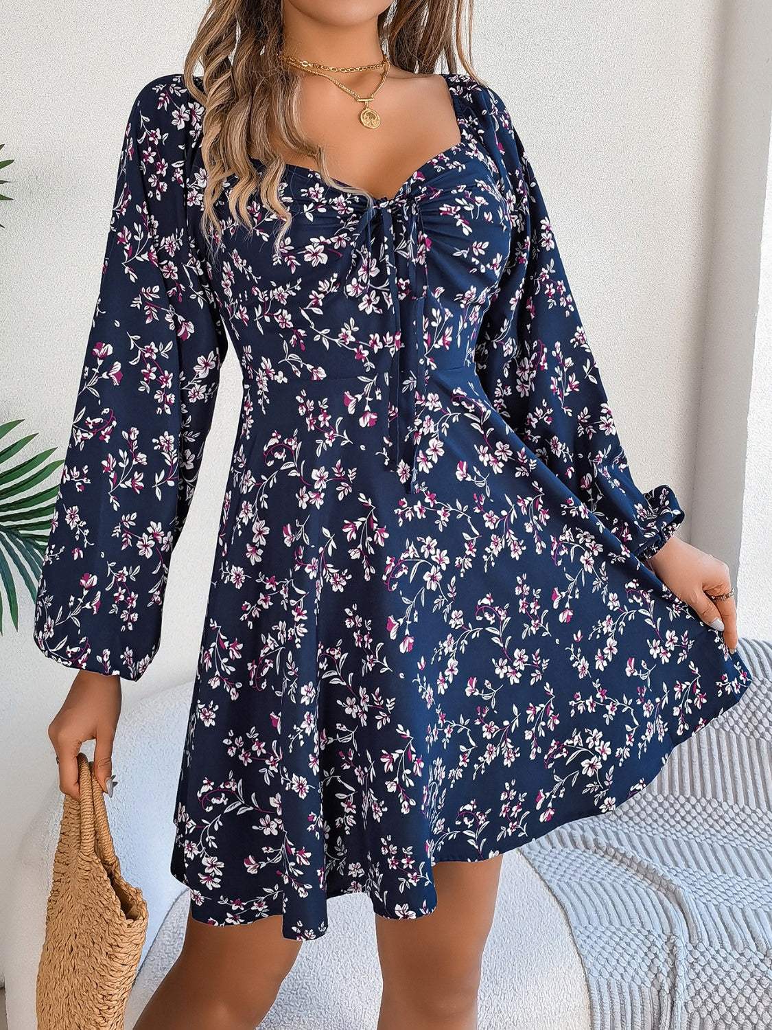 Printed Sweetheart Neck Balloon Sleeve Mini Dress - Trendsi - Flyclothing LLC