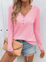 Waffle Knit Button-Detail V-Neck T-Shirt - Trendsi - Flyclothing LLC