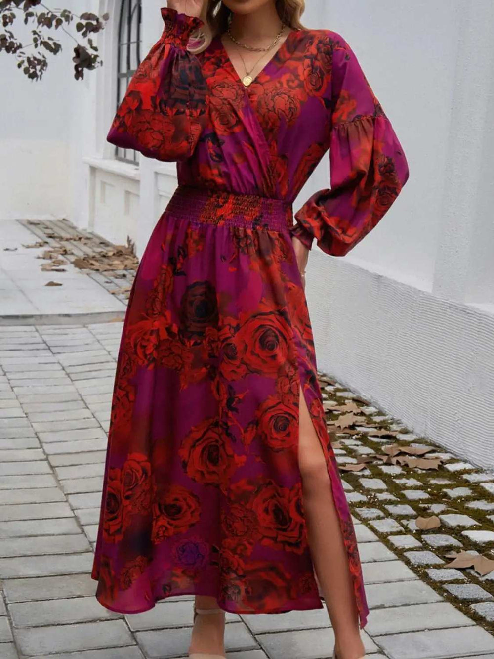 Split Printed Surplice Long Sleeve Midi Dress - Trendsi - Flyclothing LLC