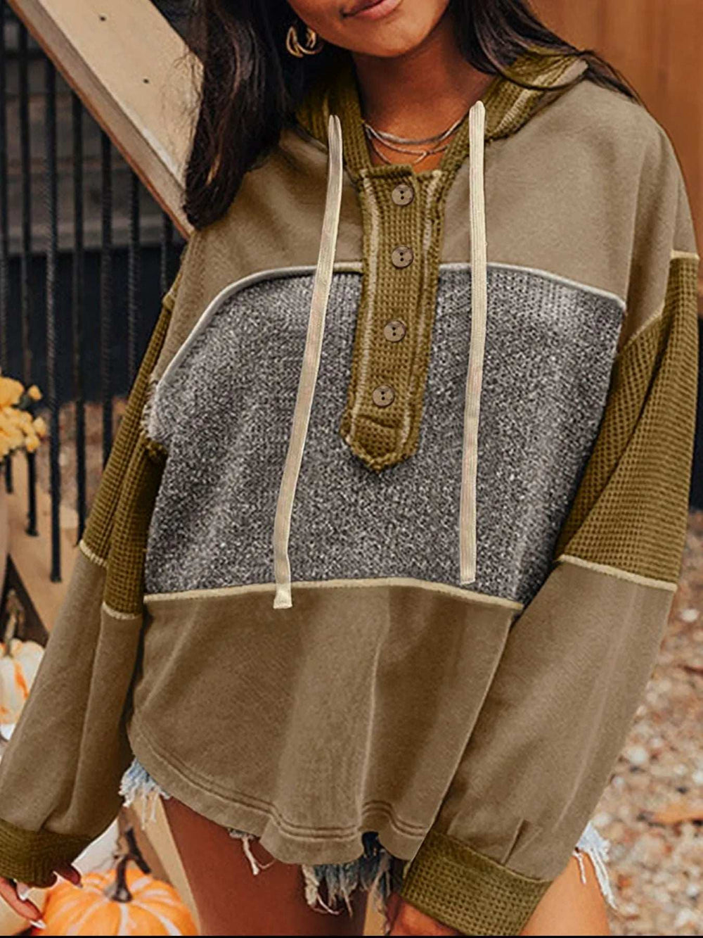 Mixed Texture Patchwork Exposed Seam Half Button Hoodie - Trendsi - Flyclothing LLC
