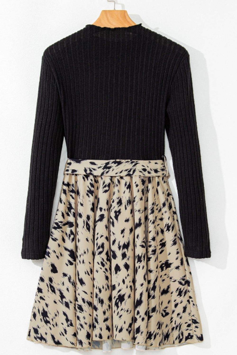 Printed Tie Waist Mock Neck Long Sleeve Dress - Trendsi - Flyclothing LLC