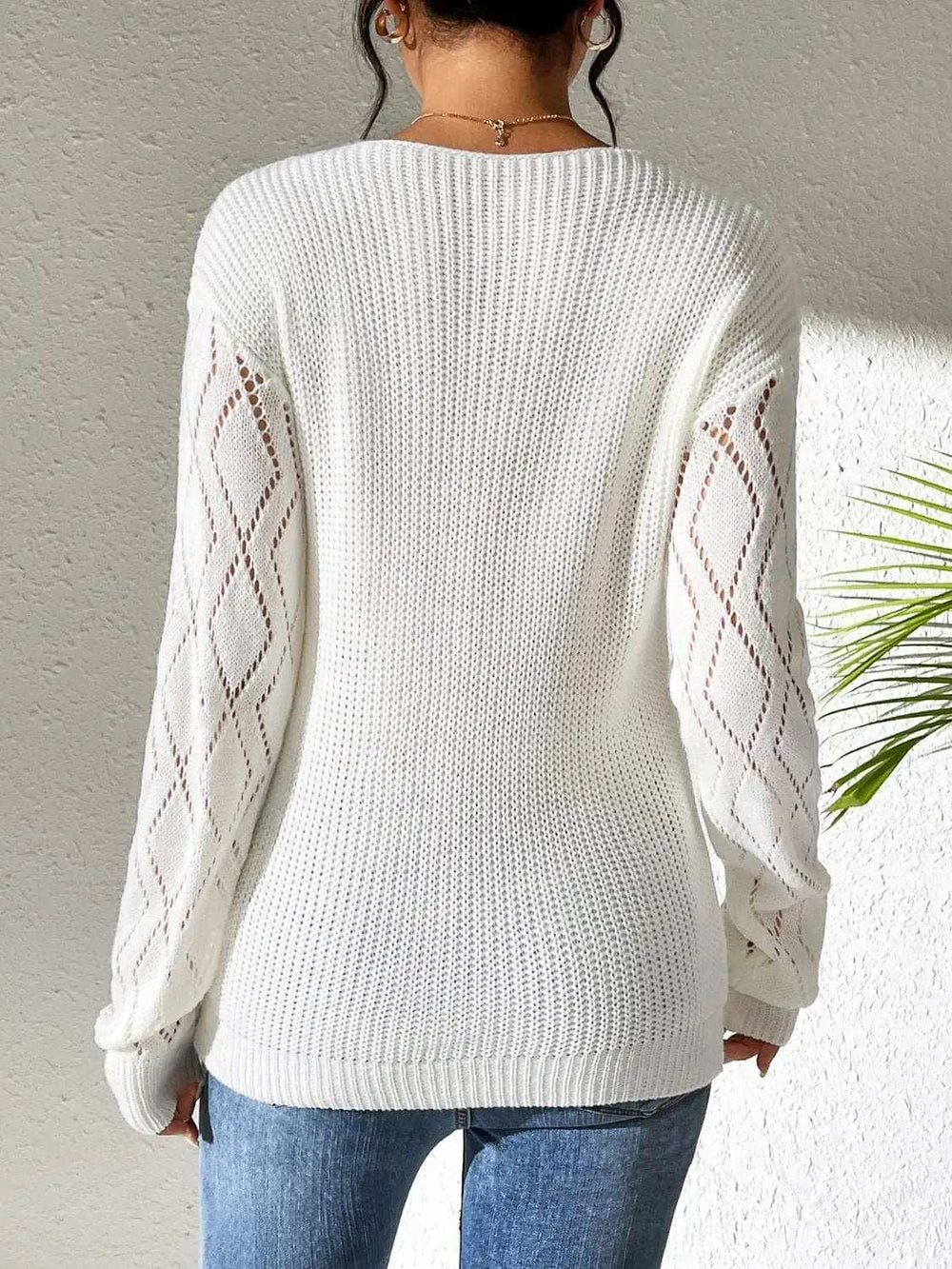 Openwork V-Neck Long Sleeve Sweater - Trendsi - Flyclothing LLC