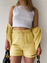 Texture Button Up Shirt and Drawstring Shorts Set - Trendsi - Flyclothing LLC