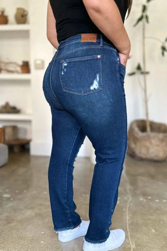 Judy Blue Full Size High Waist Rigid Magic Heavy Destroy Straight Jeans - Trendsi - Flyclothing LLC