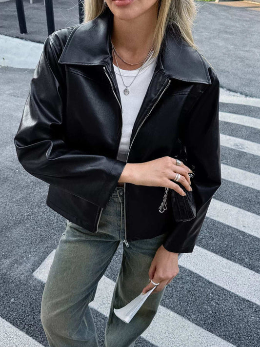 Zip Up Leather Jacket - Trendsi - Flyclothing LLC