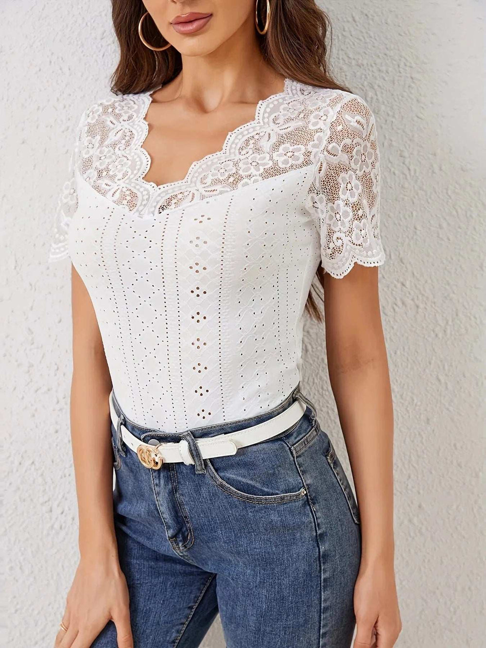 Lace Trim Eyelet Embroidered Summer T-Shirt - Trendsi - Flyclothing LLC