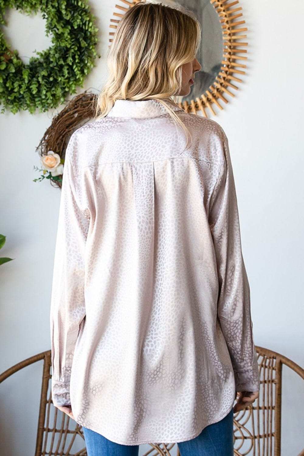 First Love Full Size Ditsy Dot Button Down Collared Satin Shirt - Trendsi - Flyclothing LLC