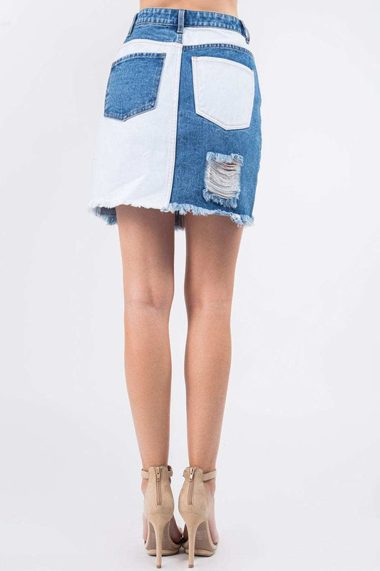 American Bazi Contrast Patched Frayed Denim Distressed Skirts - Trendsi - Flyclothing LLC