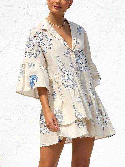 Button Detail Printed Mini Dress - Trendsi - Flyclothing LLC