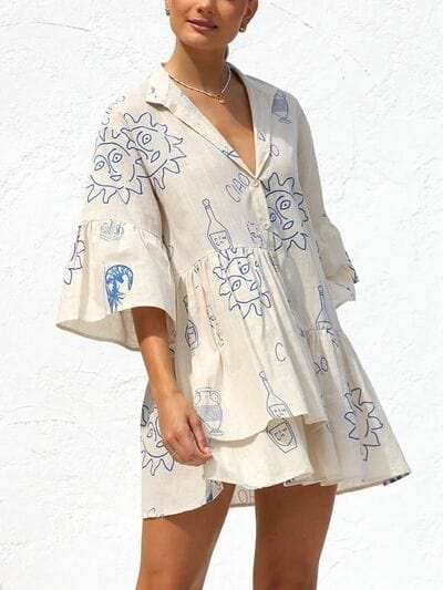 Button Detail Printed Mini Dress - Trendsi - Flyclothing LLC