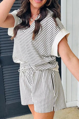 Stripe V Neck Tee and Casual Shorts Set - Trendsi - Flyclothing LLC